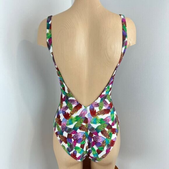 Laura Beach by Janine Robin Women's 6 White Multi Color Feather Print One Piece - Picture 4 of 12